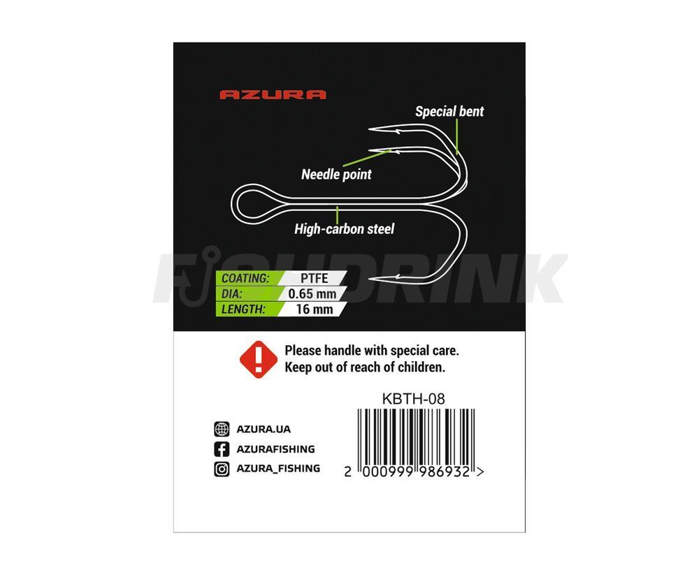 Тройник Azura Kenshin Barb Treble Hook Special Bent PTFE #08